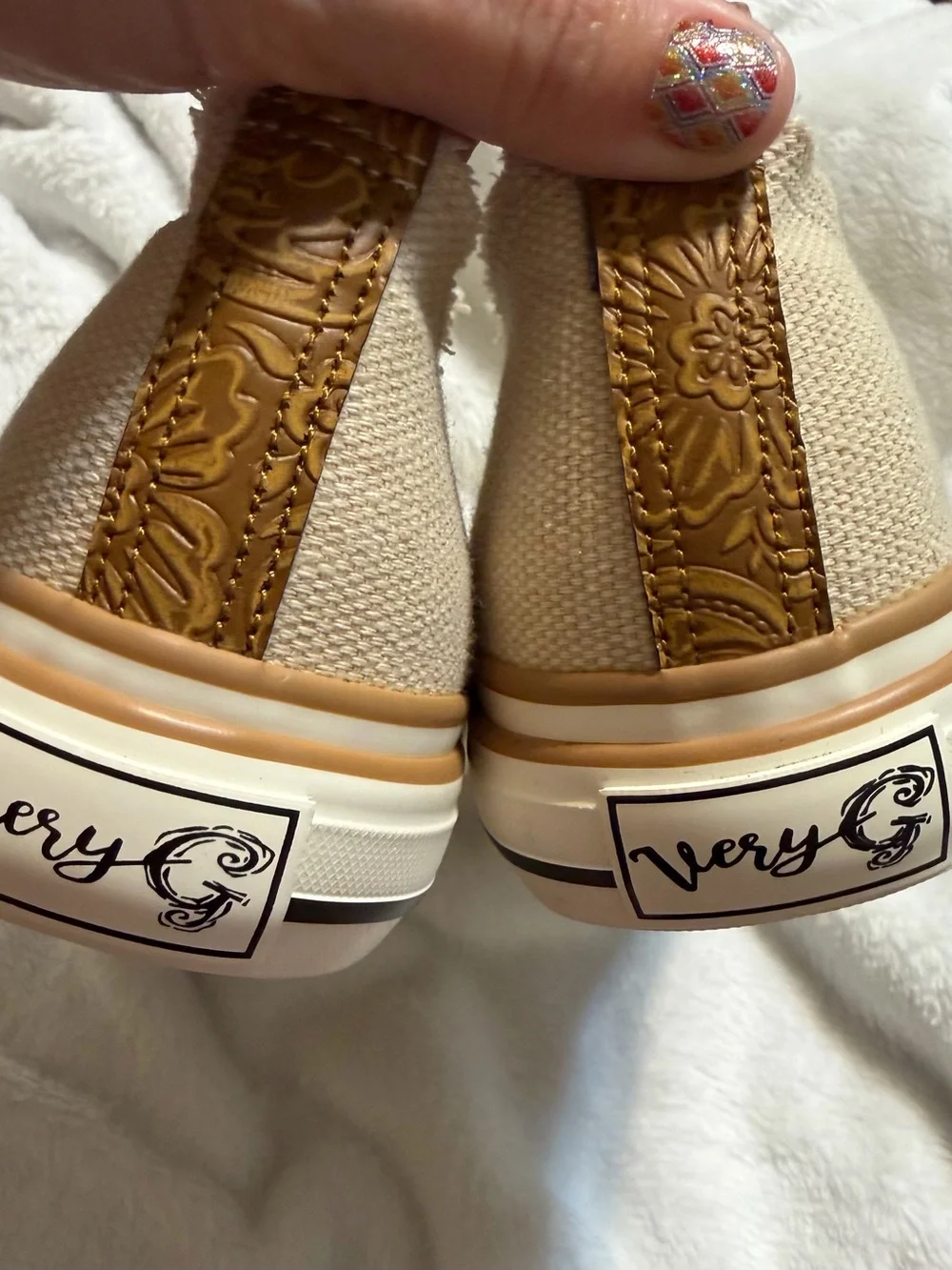 Very G Beige & Tan Slip-On Canvas Sneakers - no box , slight mark on one